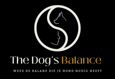 Logo van The Dog's Balance: bevat Ying en Yang teken met mensengezicht en hondensilhouette. Suggereert naar balans tussen mens en hond